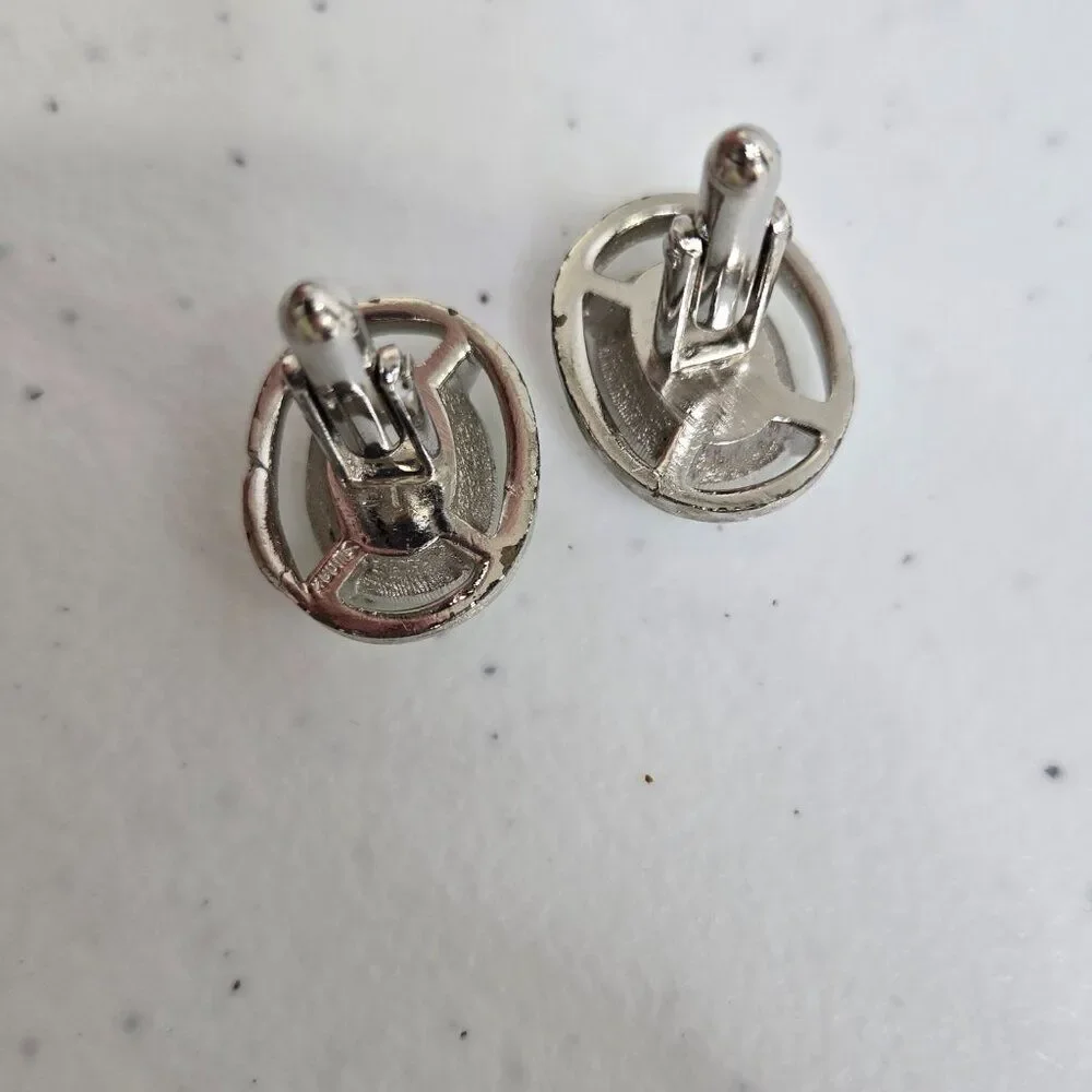 Swank Green Rhinestone Cufflinks Silver Tone Mens Oval Crystal Vintage